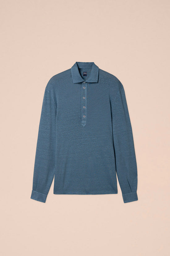 fedeli Five Linen Flex Dusty Long Sleeve Polo CORNFLOWERBLUE