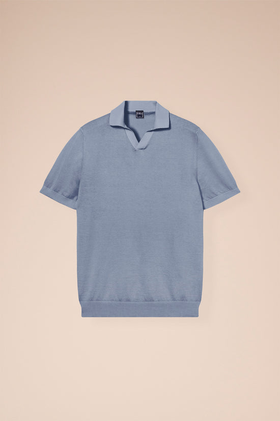 fedeli Fuji Organic Cotton Polo with Open Neck STEELBLUE