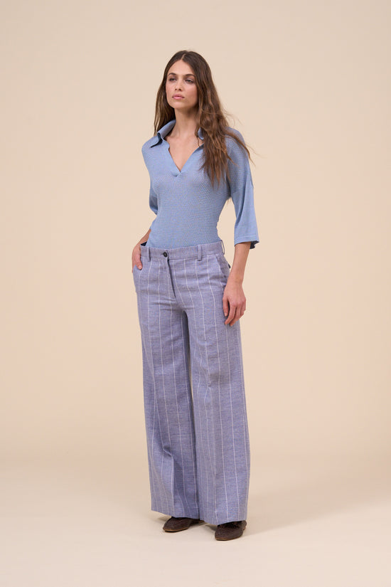 fedeli Gloria Linen Striped Wide Leg Pants STEELBLUE