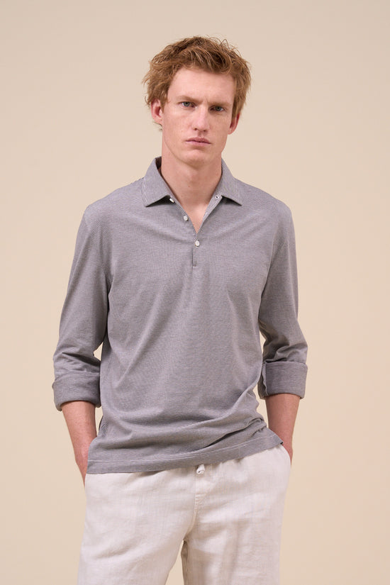 Fedeli Libeccio Cotton Light Striped Long Sleeve Polo Shirt MIDNIGHTBLUE