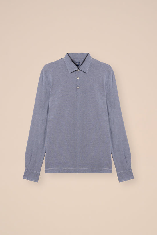 fedeli Libeccio Cotton Light Striped Long Sleeve Polo Shirt MIDNIGHTBLUE