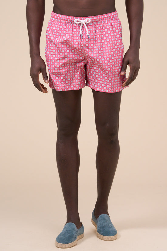 Fedeli Madeira - The Sustainable Swim Trunk - Flowers And Geometric Shapes Pattern MEDIUMBLUE