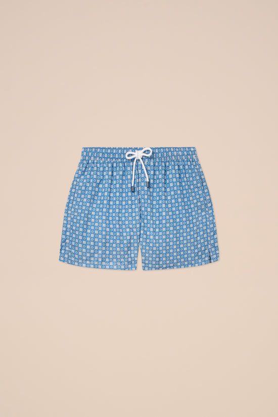 fedeli Madeira - The Sustainable Swim Trunk - Flowers and Geometric Shapes Pattern MEDIUMBLUE