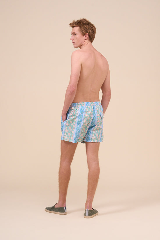 Fedeli Madeira - The Sustainable Swim Trunk - Flowers And Stripes Pattern GREEN
