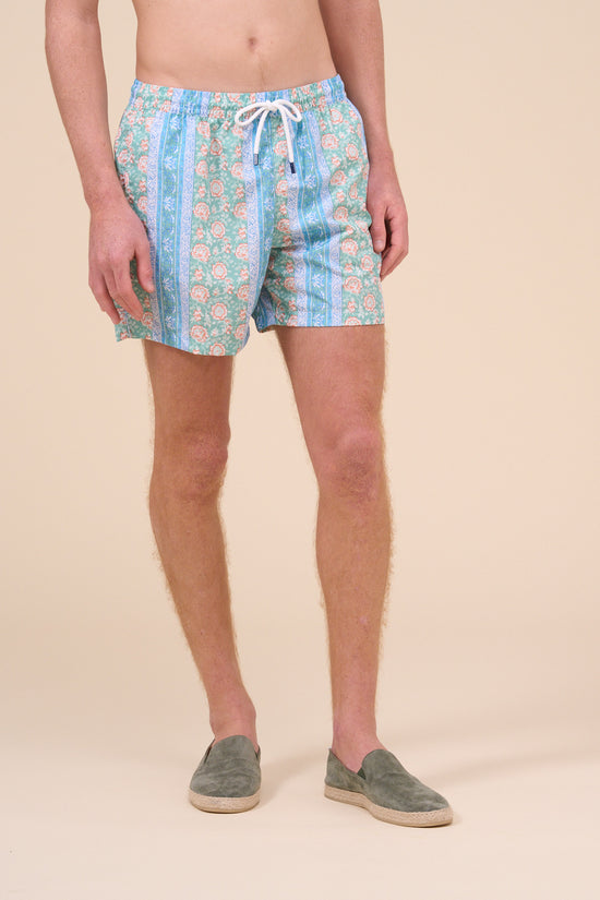 Fedeli Madeira - The Sustainable Swim Trunk - Flowers And Stripes Pattern GREEN