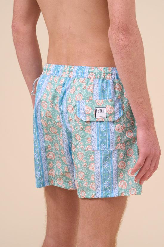Fedeli Madeira - The Sustainable Swim Trunk - Flowers And Stripes Pattern GREEN