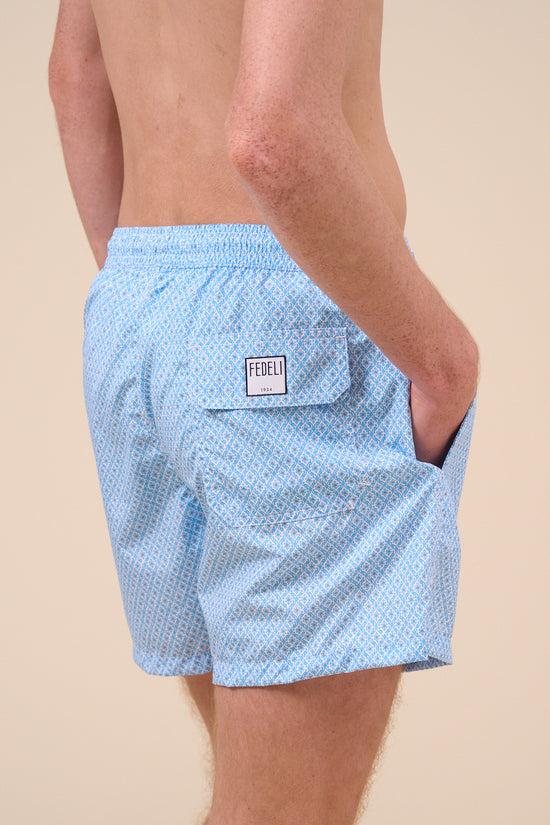 Fedeli Madeira - The Sustainable Swim Trunk - Geometric Tile Pattern MIDNIGHTBLUE