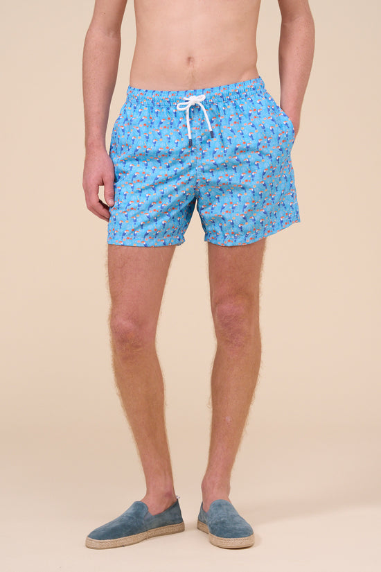 Fedeli Madeira - The Sustainable Swim Trunk - Parrot Pattern CORNFLOWERBLUE