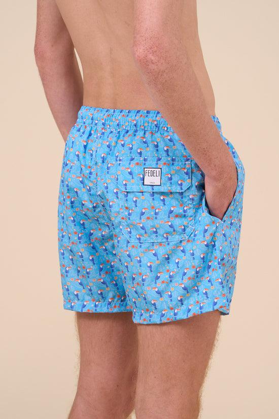 Fedeli Madeira - The Sustainable Swim Trunk - Parrot Pattern CORNFLOWERBLUE
