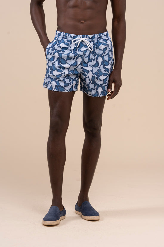 Fedeli Madeira - The Sustainable Swim Trunk - Shark Pattern MIDNIGHTBLUE
