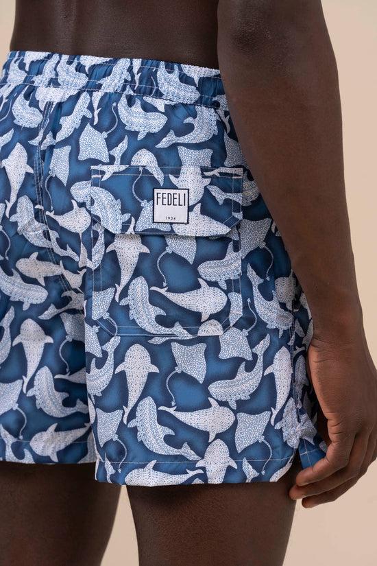 Fedeli Madeira - The Sustainable Swim Trunk - Shark Pattern MIDNIGHTBLUE