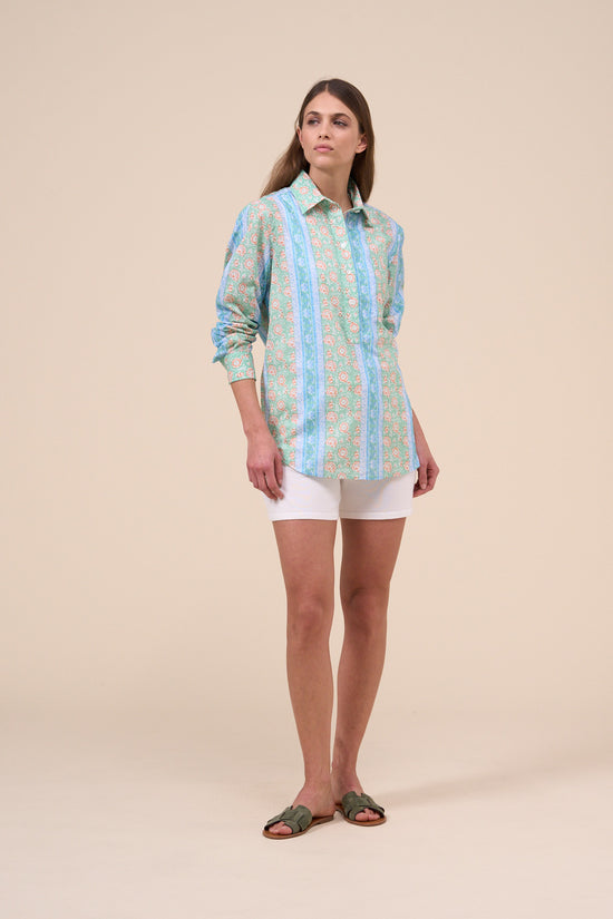 Fedeli Marilù Printed Cotton Voile Half-buttoned Shirt - Flowers And Striped Pattern LIGHTSTEELBLUE
