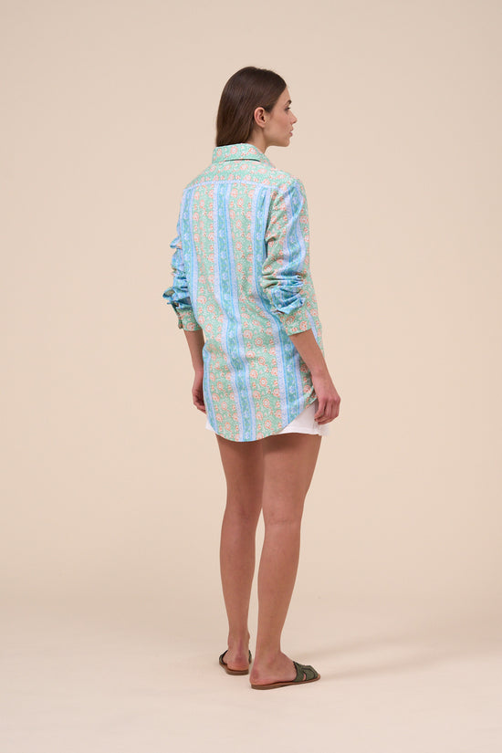 Fedeli Marilù Printed Cotton Voile Half-buttoned Shirt - Flowers And Striped Pattern LIGHTSTEELBLUE
