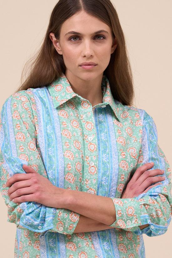Fedeli Marilù Printed Cotton Voile Half-buttoned Shirt - Flowers And Striped Pattern LIGHTSTEELBLUE