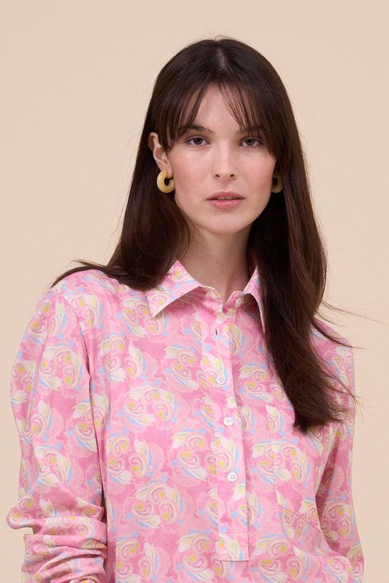 Fedeli Marilù Printed Cotton Voile Half-buttoned Shirt - Floral Swirl Pattern PINK