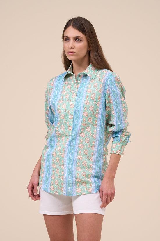 fedeli Marilù Printed Cotton Voile Half-buttoned Shirt - Flowers and Striped Pattern LIGHTSTEELBLUE