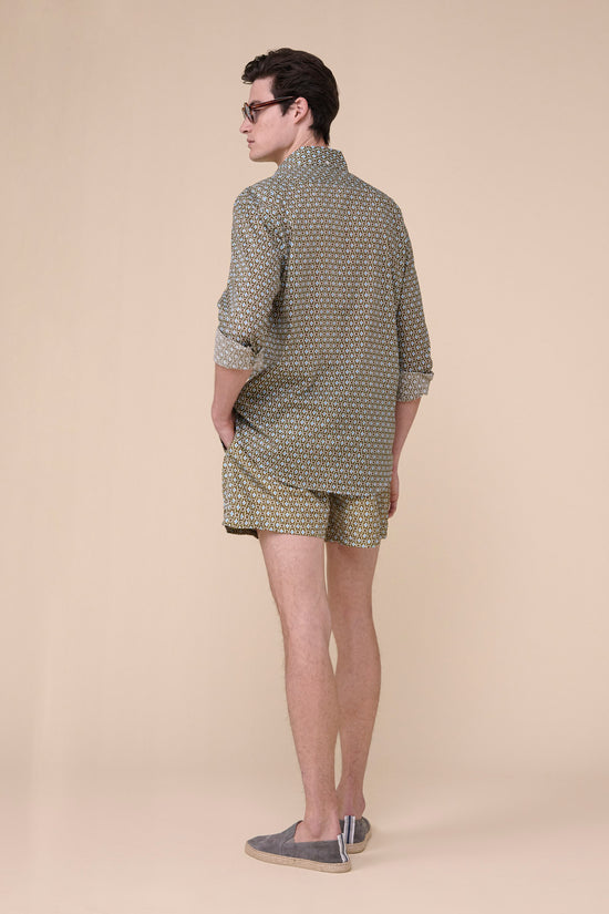 Fedeli Marlon Cotton Voile Long Sleeve Polo Shirt - Diamond Pattern DARKOLIVEGREEN