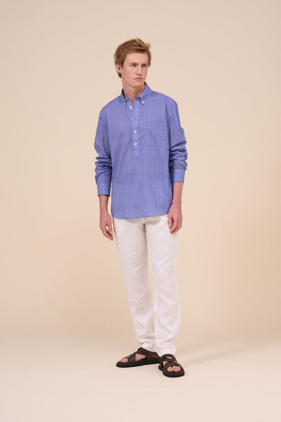 Fedeli Marlon Printed Cotton Voile Half-buttoned Shirt - Geometric Tile Pattern MIDNIGHTBLUE