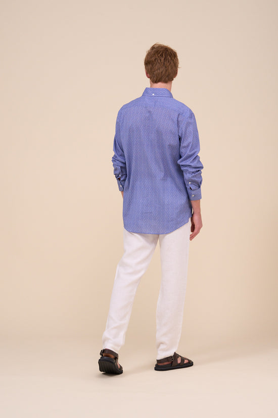 Fedeli Marlon Printed Cotton Voile Half-buttoned Shirt - Geometric Tile Pattern MIDNIGHTBLUE