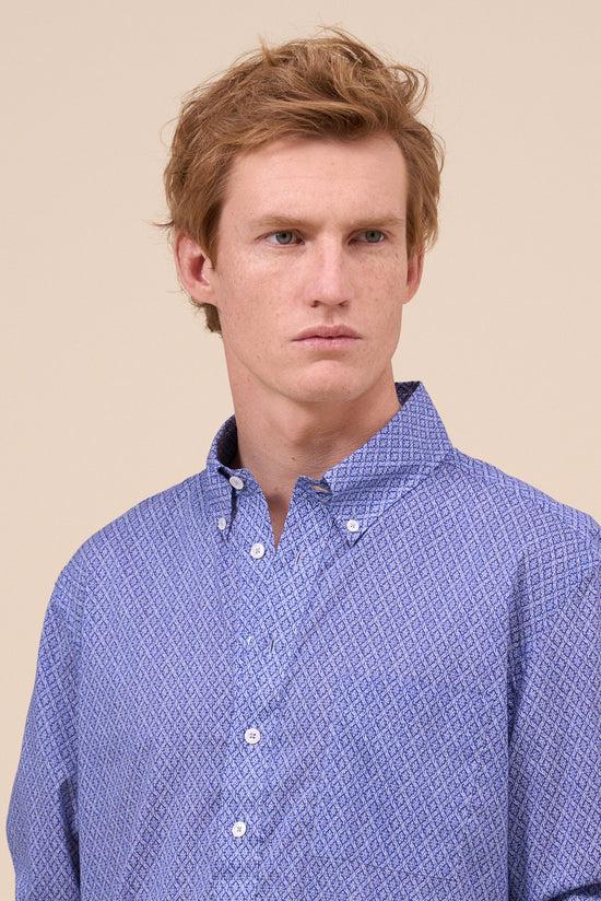 Fedeli Marlon Printed Cotton Voile Half-buttoned Shirt - Geometric Tile Pattern MIDNIGHTBLUE