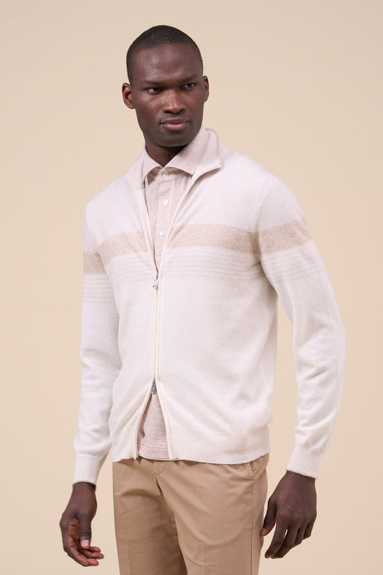 fedeli Milos Cashmere Linen Full-zipped Striped Sweater SILVER