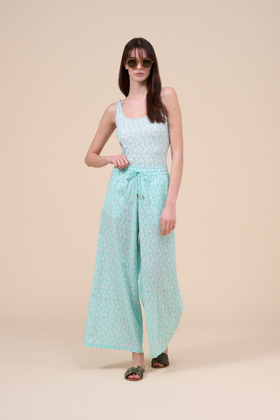 fedeli New Diana Printed Cotton Voile Pants - Botanical Floral Pattern MEDIUMTURQUOISE