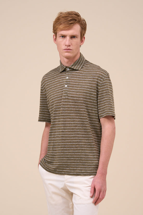 Fedeli Otto Linen Striped Short Sleeve Polo MIDNIGHTBLUE