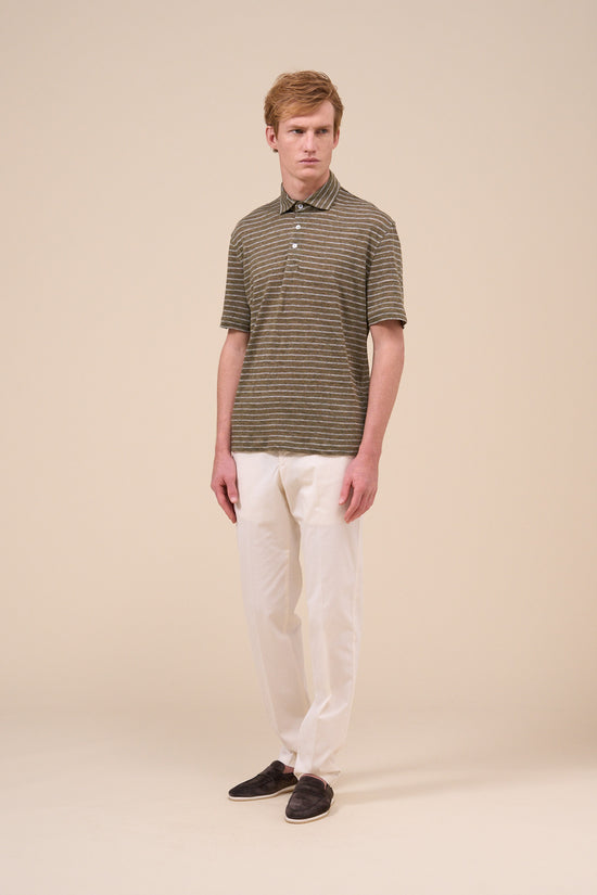 Fedeli Otto Linen Striped Short Sleeve Polo MIDNIGHTBLUE