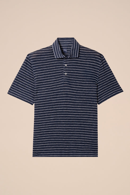 fedeli Otto Linen Striped Short Sleeve Polo MIDNIGHTBLUE