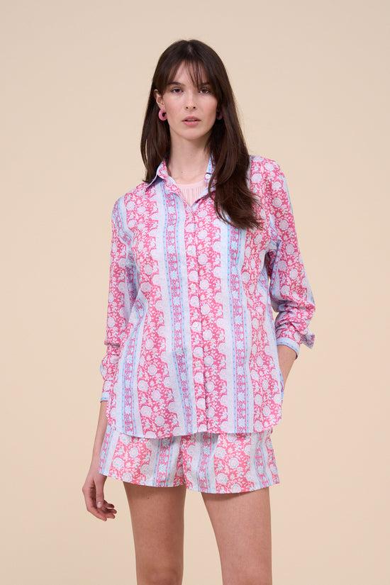 Fedeli Palmaria Printed Cotton Voile Shirt - Flowers And Stripes Pattern LIGHTSTEELBLUE