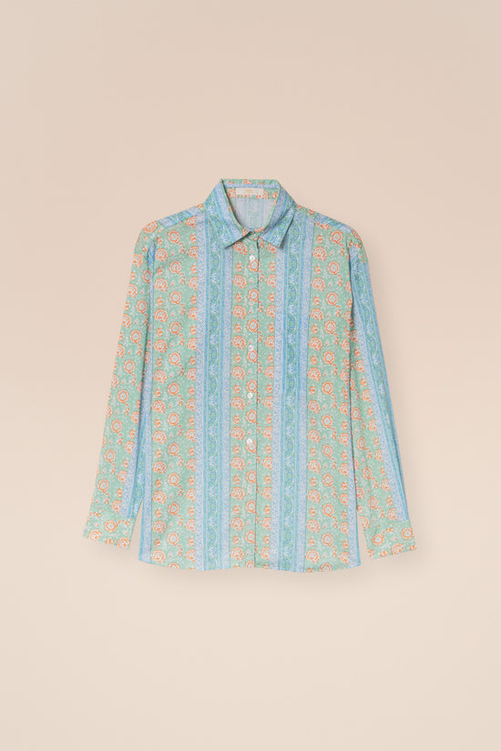 fedeli Palmaria Printed Cotton Voile Shirt - Flowers and Stripes Pattern LIGHTSTEELBLUE