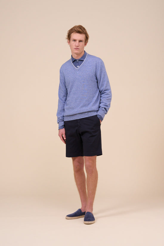 Fedeli Pull Cashmere Linen V-neck - Bicolor MEDIUMBLUE