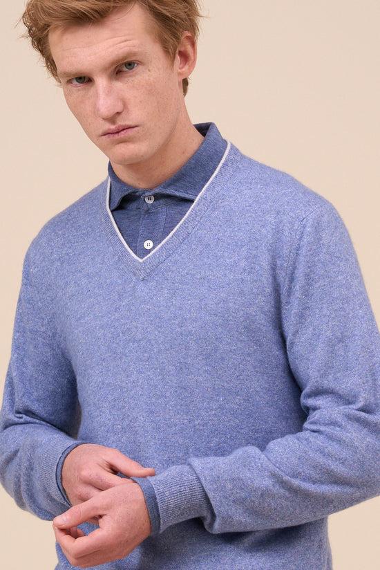 Fedeli Pull Cashmere Linen V-neck - Bicolor MEDIUMBLUE