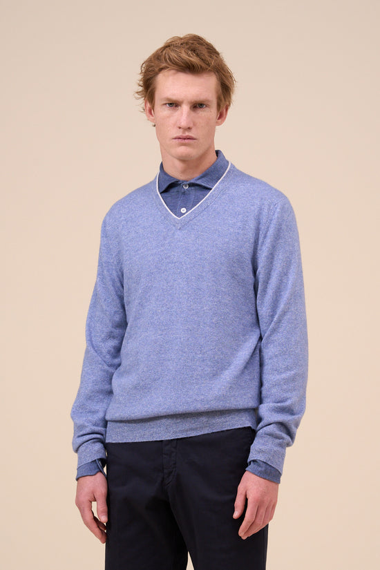 fedeli Pull Cashmere Linen V-neck - Bicolor MEDIUMBLUE