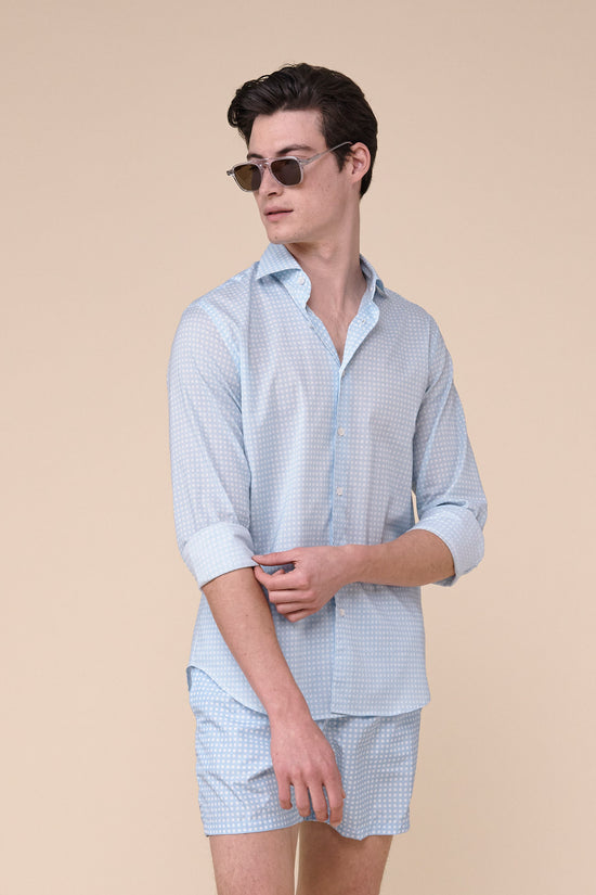 Fedeli Sean Cotton Voile Long Sleeve Shirt - Dots Pattern MEDIUMBLUE