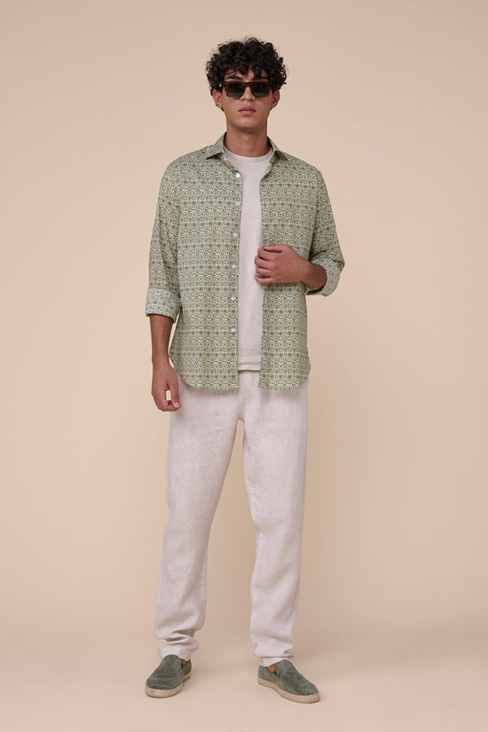 Fedeli Sean Cotton Voile Long Sleeve Shirt - Floral Pattern DARKOLIVEGREEN