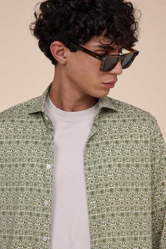 Fedeli Sean Cotton Voile Long Sleeve Shirt - Floral Pattern DARKOLIVEGREEN