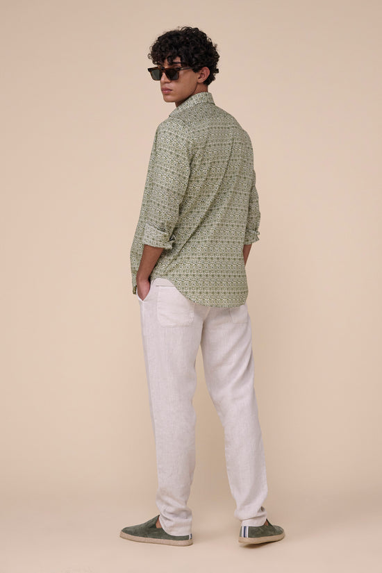 Fedeli Sean Cotton Voile Long Sleeve Shirt - Floral Pattern DARKOLIVEGREEN