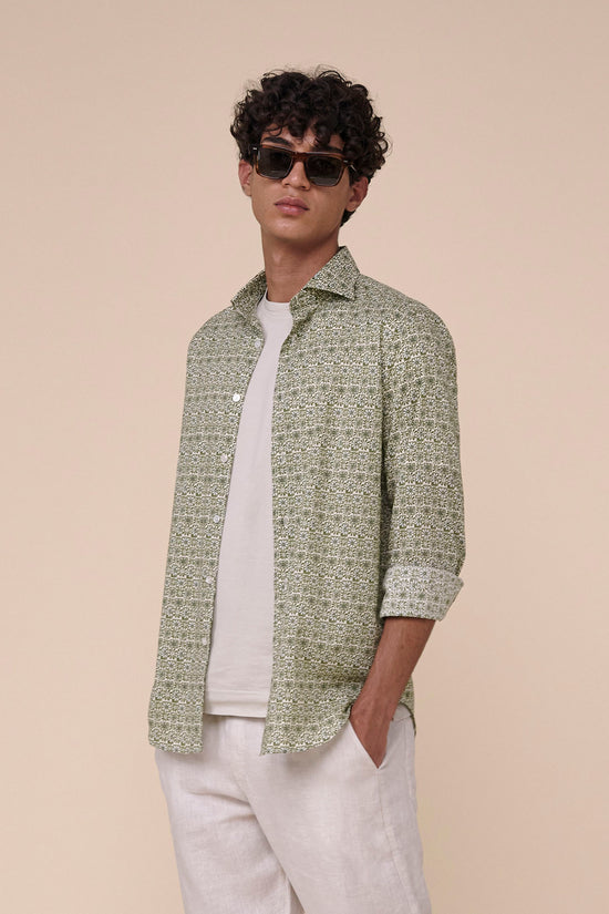 fedeli Sean Cotton Voile Long Sleeve Shirt - Floral Pattern DARKOLIVEGREEN
