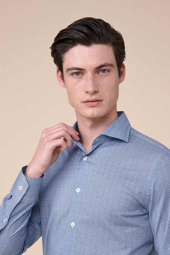 Fedeli Sean Cotton Voile Long Sleeve Shirt - Geometric Pattern MEDIUMBLUE