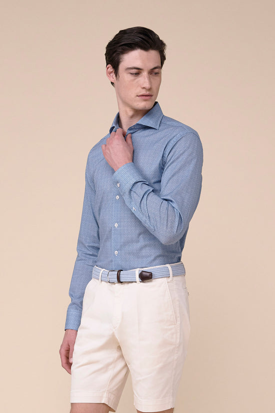 fedeli Sean Cotton Voile Long Sleeve Shirt - Geometric Pattern MEDIUMBLUE