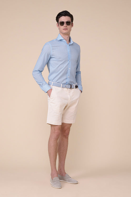 Fedeli Sean Cotton Voile Long Sleeve Shirt - Geometric Tile Pattern CORNFLOWERBLUE