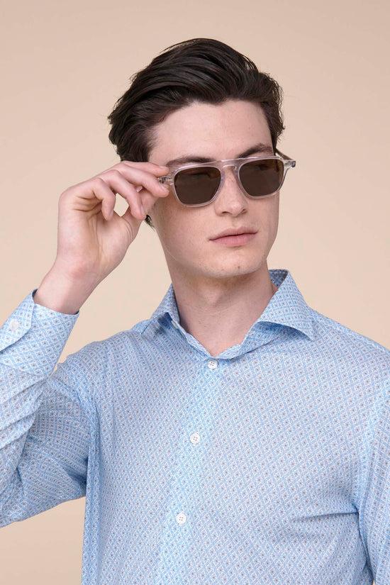 Fedeli Sean Cotton Voile Long Sleeve Shirt - Geometric Tile Pattern CORNFLOWERBLUE