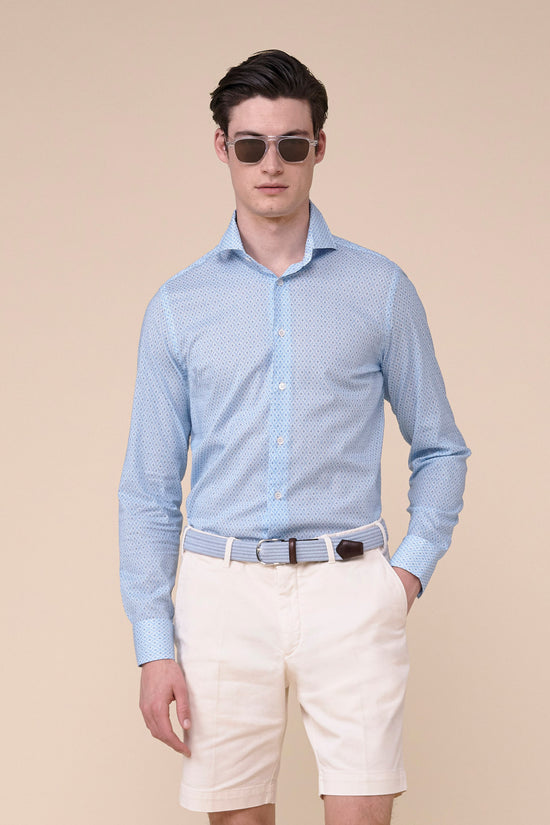 fedeli Sean Cotton Voile Long Sleeve Shirt - Geometric Tile Pattern CORNFLOWERBLUE