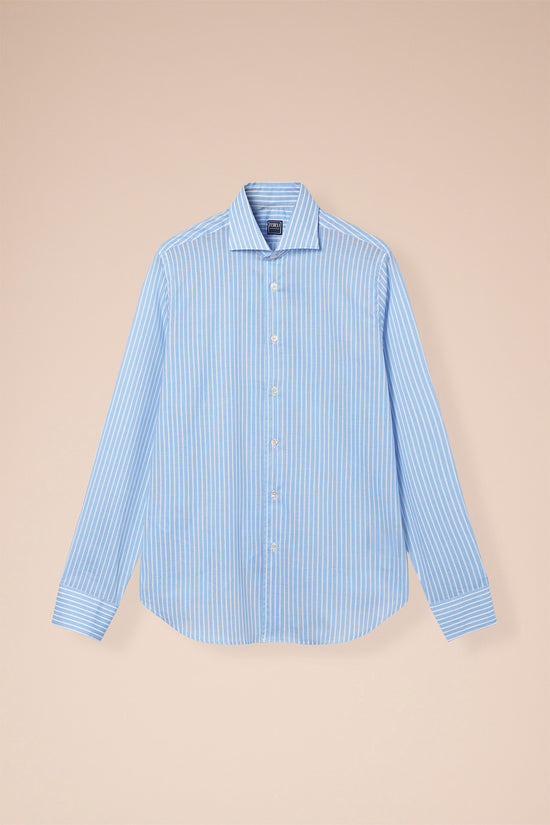 fedeli Sean Cotton Voile Long Sleeve Shirt - Striped Pattern STEELBLUE
