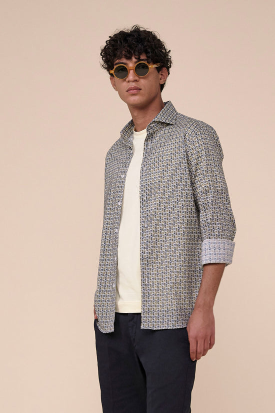 Fedeli Sean Cotton Voile Long Sleeve Shirt - Vintage Pattern CORNFLOWERBLUE