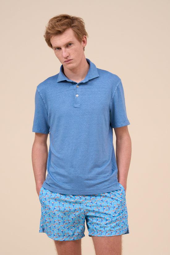 fedeli Zero Linen Flex Dusty Short Sleeve Polo CORNFLOWERBLUE
