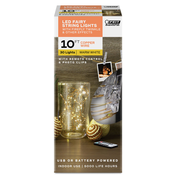 Feit Electric 10 Ft. Warm White (3000K) USB & Battery Copper Wire Fairy String Light