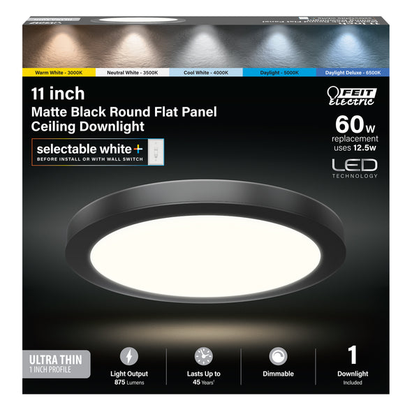 Feit Electric 11 In. 12.5W (60W Replacement) Selectable White Matte Black Round Flat Panel Ceiling Downlight