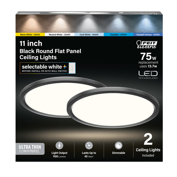 Feit Electric 11 In. 13.7W (75W Replacement) Selectable White Round Black LED Flat Panel Ceiling Light (2-Pack)